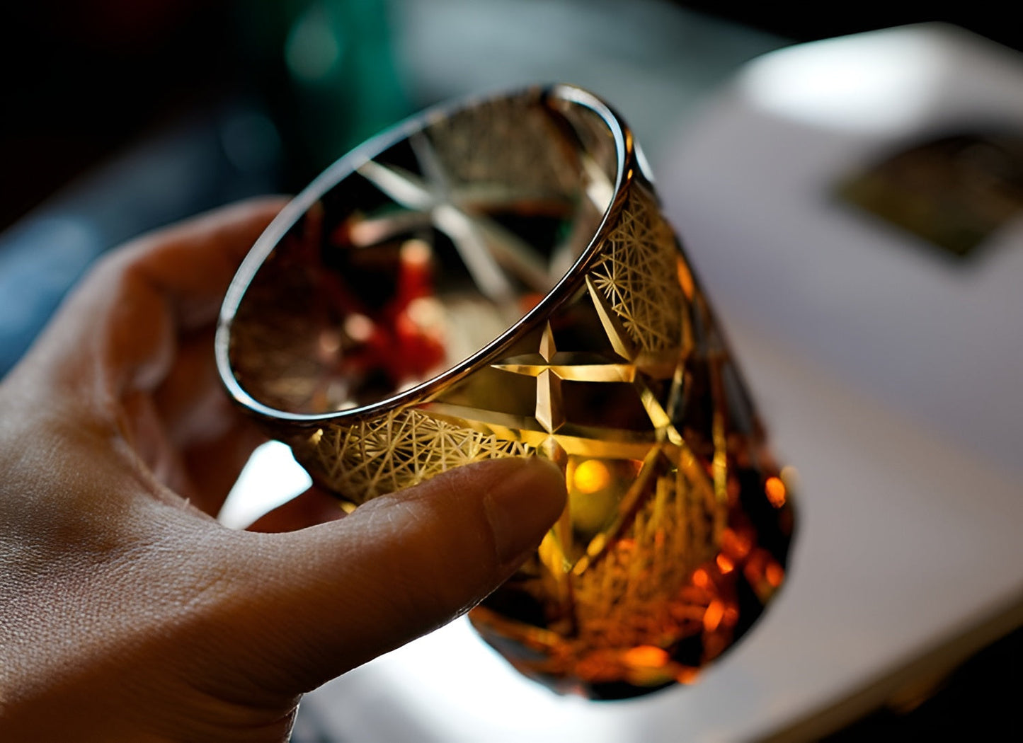 Japanese Royal Special Retro Wine Tumbler, Hand Cut, Flashing Lightning Design, Amber Whiskey Glass, High End Gift Box, Edo Kiri GuerraHome