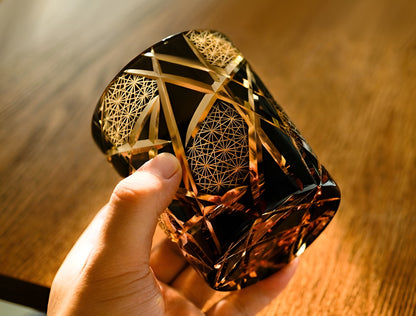 Japanese Royal Special Retro Wine Tumbler, Hand Cut, Flashing Lightning Design, Amber Whiskey Glass, High End Gift Box, Edo Kiri GuerraHome