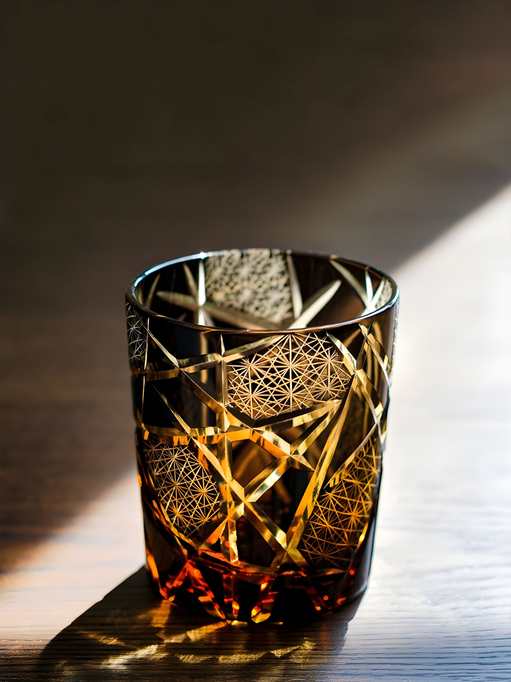 Japanese Royal Special Retro Wine Tumbler, Hand Cut, Flashing Lightning Design, Amber Whiskey Glass, High End Gift Box, Edo Kiri GuerraHome