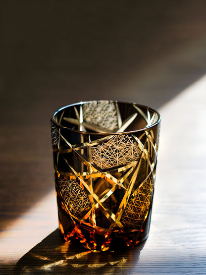 Japanese Royal Special Retro Wine Tumbler, Hand Cut, Flashing Lightning Design, Amber Whiskey Glass, High End Gift Box, Edo Kiri GuerraHome