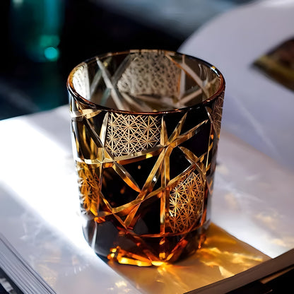 Japanese Royal Special Retro Wine Tumbler, Hand Cut, Flashing Lightning Design, Amber Whiskey Glass, High End Gift Box, Edo Kiri GuerraHome