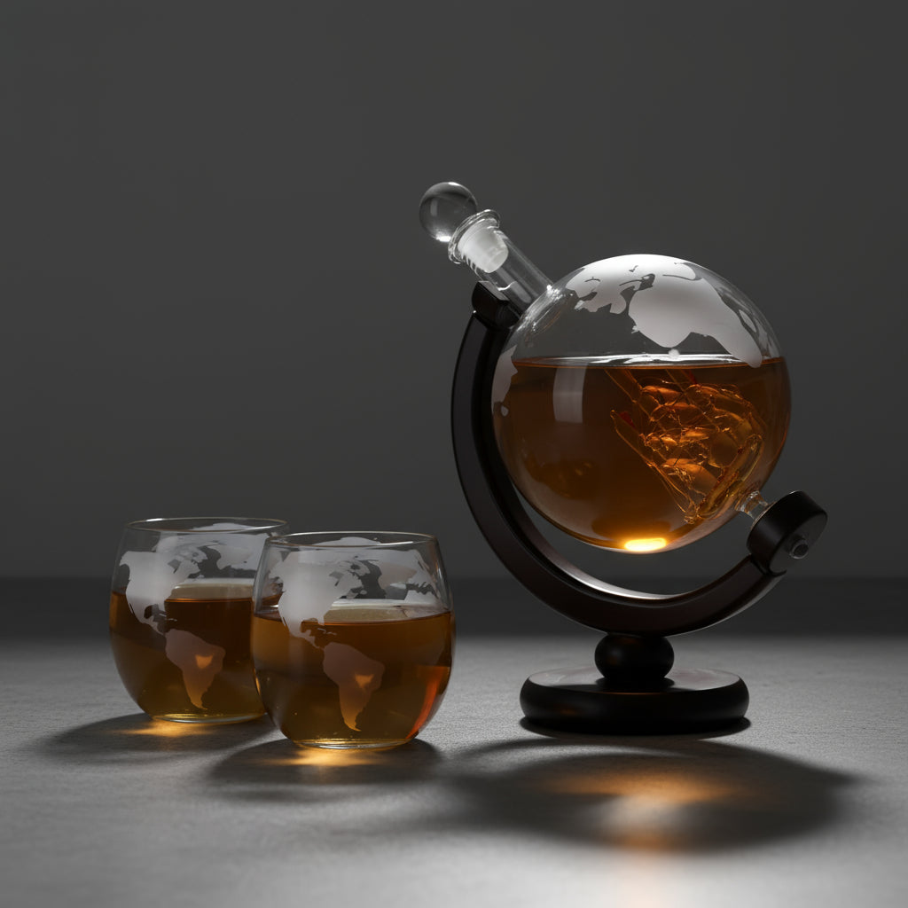 Set Di Bicchieri e Decanter - Modello "Viaggiatore" - Globo con Veliero e Mappamondo
