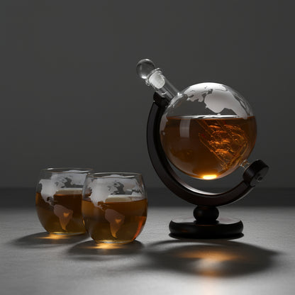 Set Di Bicchieri e Decanter - Modello "Viaggiatore" - Globo con Veliero e Mappamondo