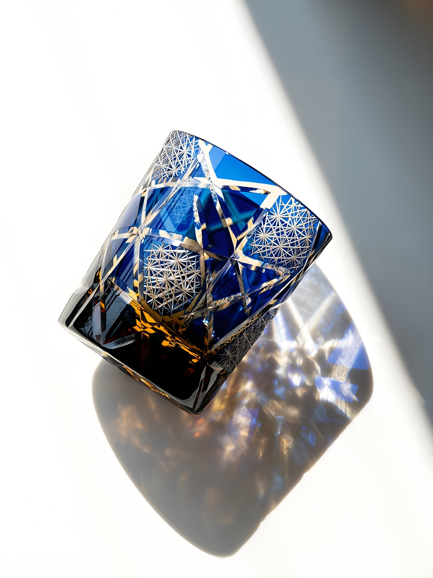 Bicchiere Edo Kiriko – ‘Fulmine Ambra Blu’ e 'Clear Blu' – Scatola in legno GuerraHome