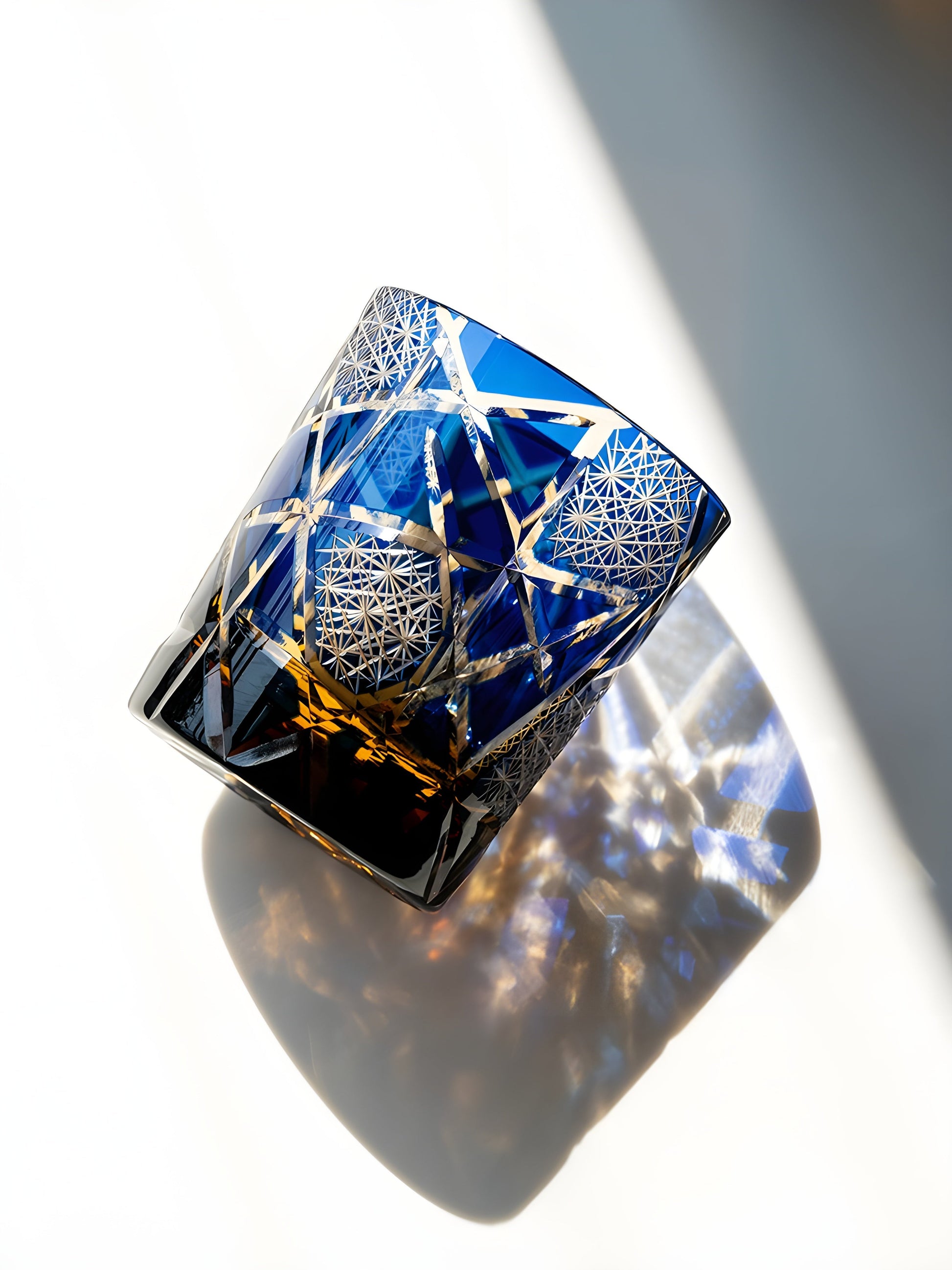 Bicchiere Edo Kiriko – ‘Fulmine Ambra Blu’ e 'Clear Blu' – Scatola in legno GuerraHome