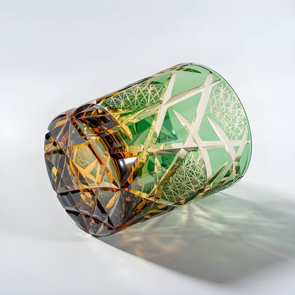 Japanese Royal Special Retro Wine Tumbler, Hand Cut, Flashing Lightning Design, Amber Whiskey Glass, High End Gift Box, Edo Kiri GuerraHome