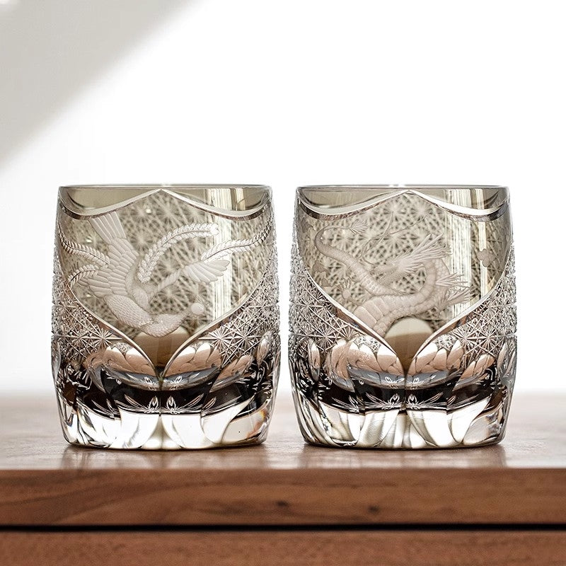 Chinese Style Loong Edo Kiriko Whiskey Glass Hand Engraved Dragon Amber Crystal Brandy XO Rock Wine Snifter Whisky Cup Gift Box GuerraHome