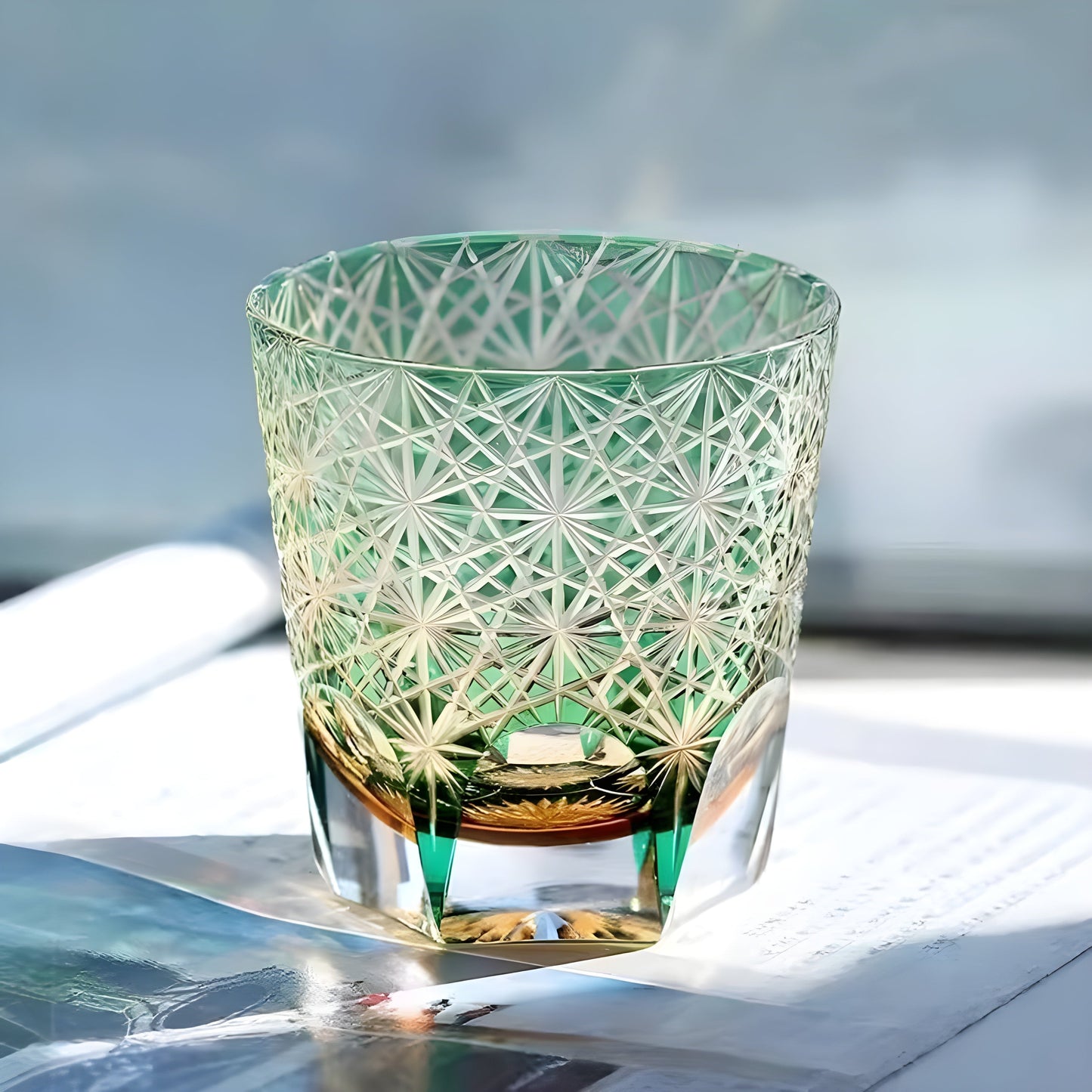 Bicchiere Edo Kiriko - Cristantemo Verde Smeraldo- Scatola in legno GuerraHome