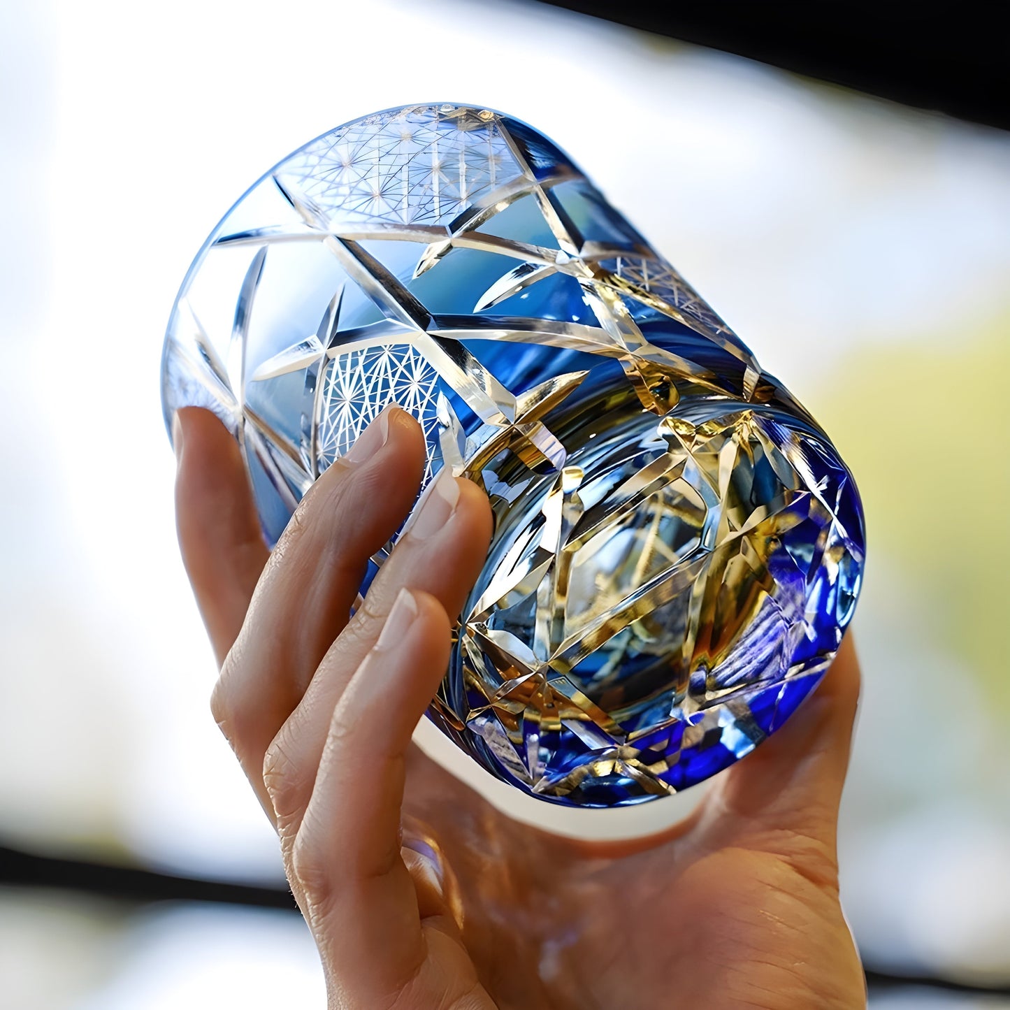 Bicchiere Edo Kiriko – ‘Fulmine Ambra Blu’ e 'Clear Blu' – Scatola in legno GuerraHome