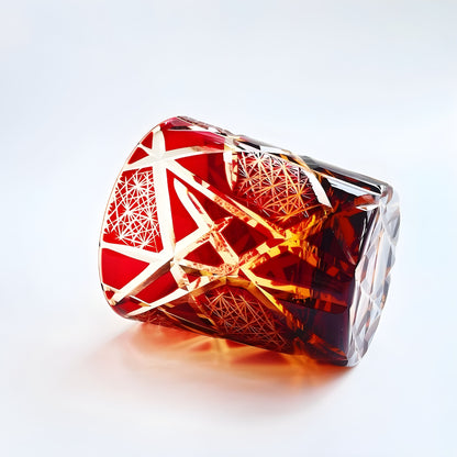 Japanese Royal Special Retro Wine Tumbler, Hand Cut, Flashing Lightning Design, Amber Whiskey Glass, High End Gift Box, Edo Kiri GuerraHome
