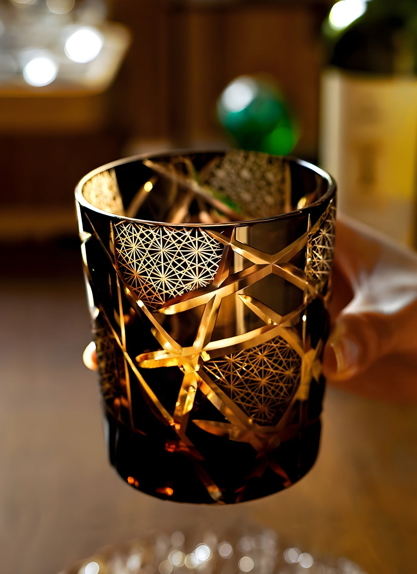 Japanese Royal Special Retro Wine Tumbler, Hand Cut, Flashing Lightning Design, Amber Whiskey Glass, High End Gift Box, Edo Kiri GuerraHome