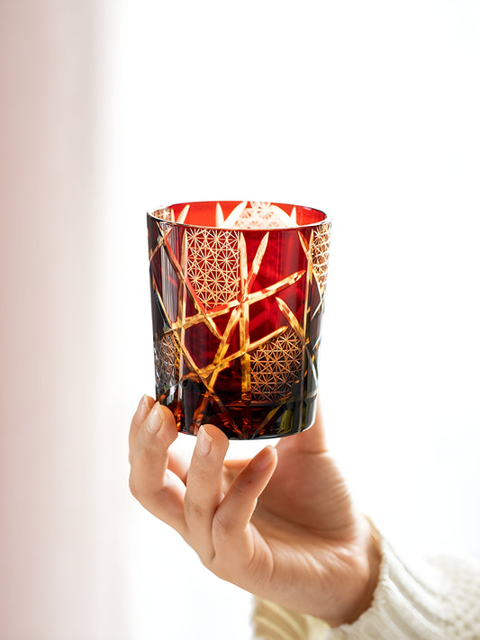 Japanese Royal Special Retro Wine Tumbler, Hand Cut, Flashing Lightning Design, Amber Whiskey Glass, High End Gift Box, Edo Kiri GuerraHome