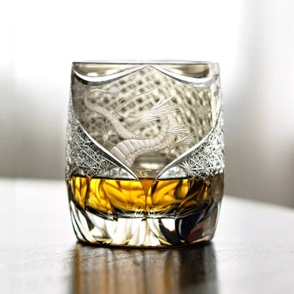 Chinese Style Loong Edo Kiriko Whiskey Glass Hand Engraved Dragon Amber Crystal Brandy XO Rock Wine Snifter Whisky Cup Gift Box GuerraHome