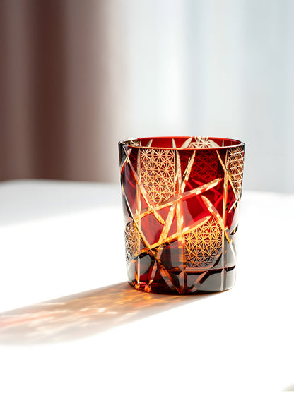 Japanese Royal Special Retro Wine Tumbler, Hand Cut, Flashing Lightning Design, Amber Whiskey Glass, High End Gift Box, Edo Kiri GuerraHome