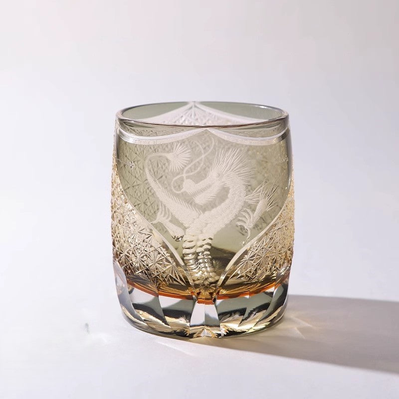 Chinese Style Loong Edo Kiriko Whiskey Glass Hand Engraved Dragon Amber Crystal Brandy XO Rock Wine Snifter Whisky Cup Gift Box GuerraHome
