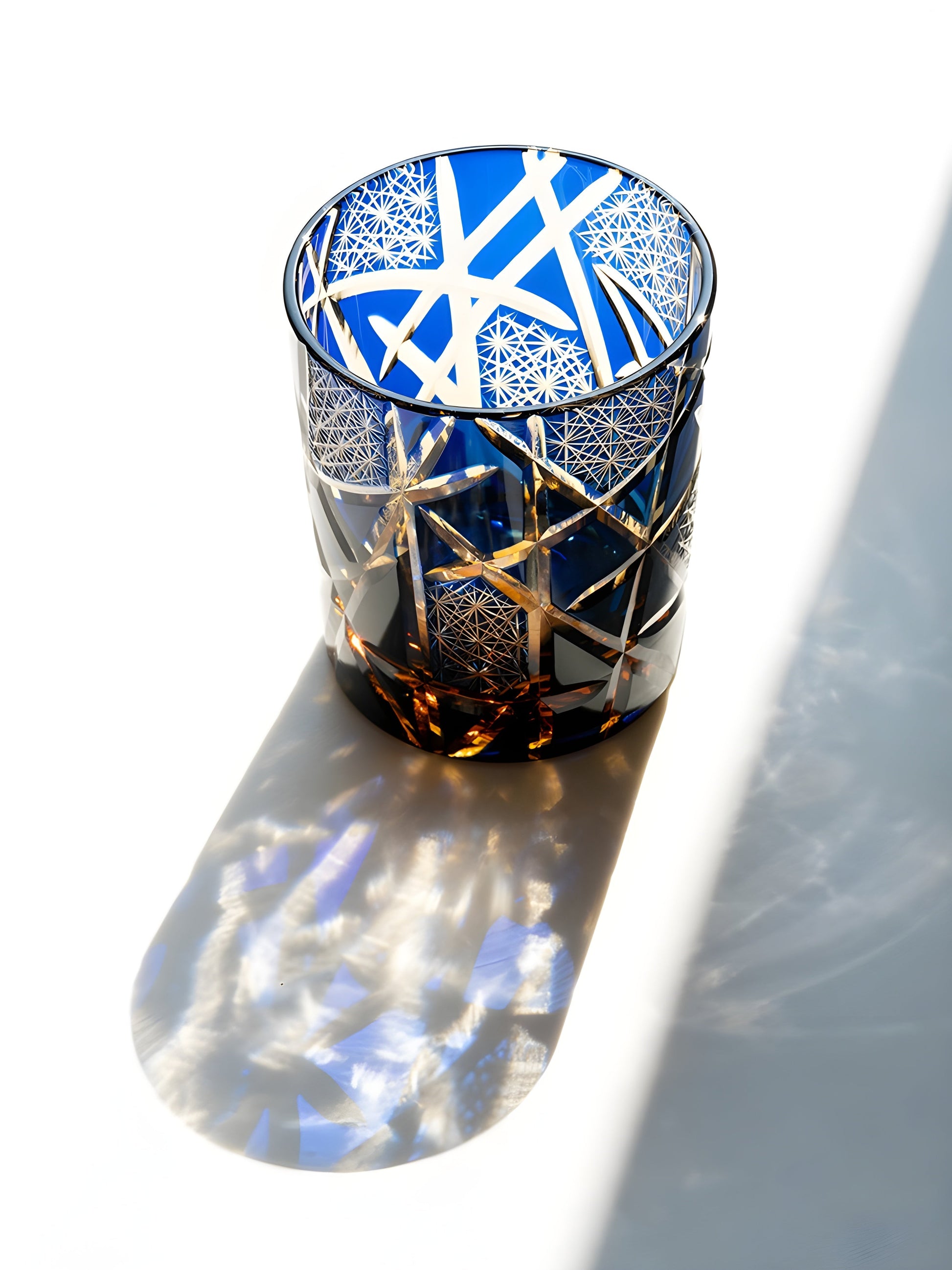 Bicchiere Edo Kiriko – ‘Fulmine Ambra Blu’ e 'Clear Blu' – Scatola in legno GuerraHome