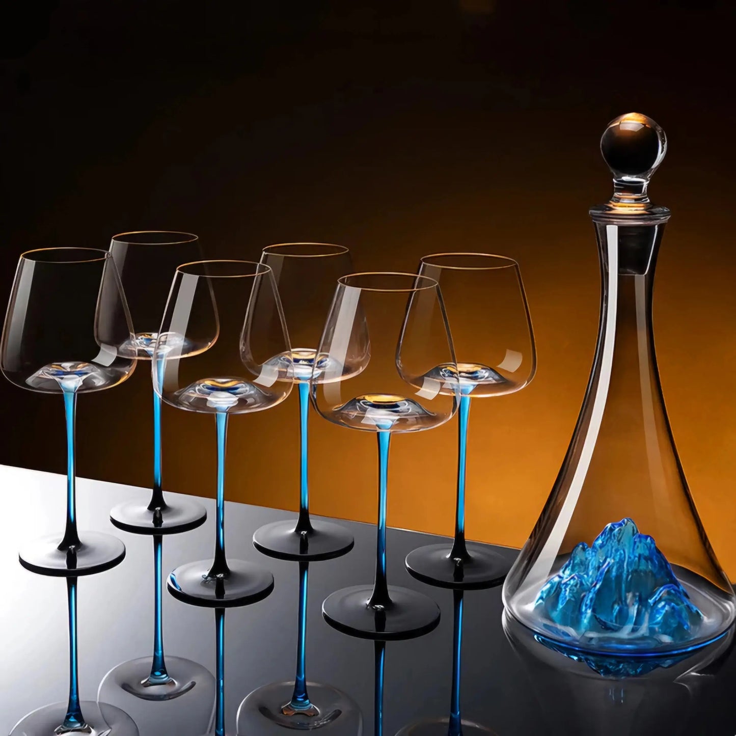 Set of Blue Glasses with Blue "Mountain" Decanter