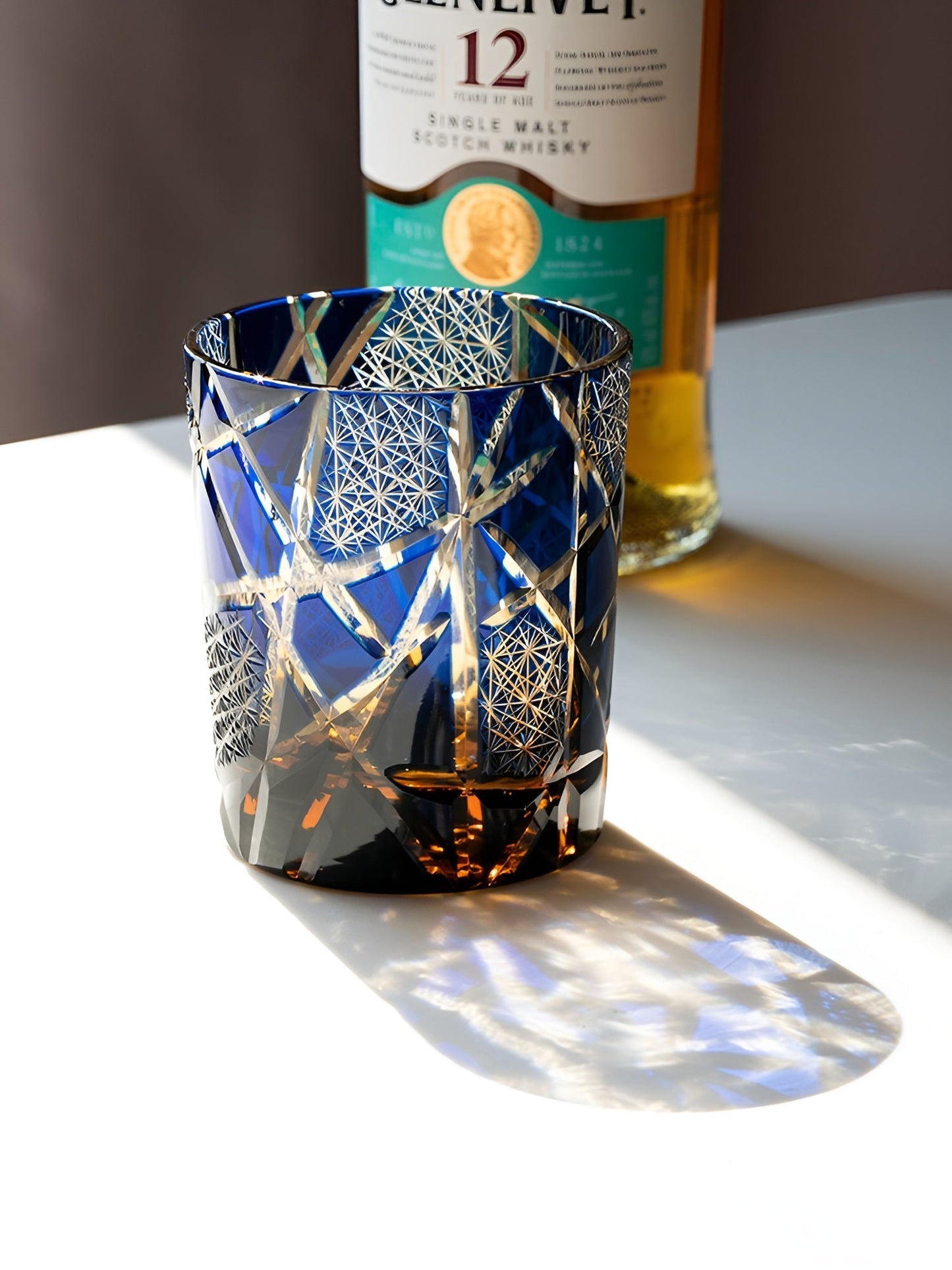 Bicchiere Edo Kiriko – ‘Fulmine Ambra Blu’ e 'Clear Blu' – Scatola in legno GuerraHome