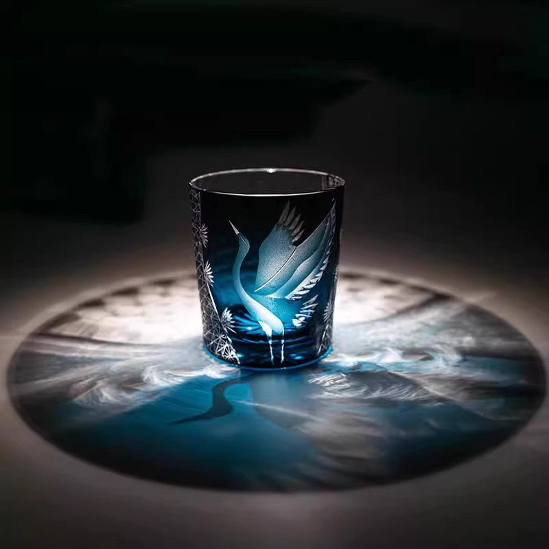 Bicchiere Edo Kiriko – Gru Inciso a Mano – Scatola in legno GuerraHome