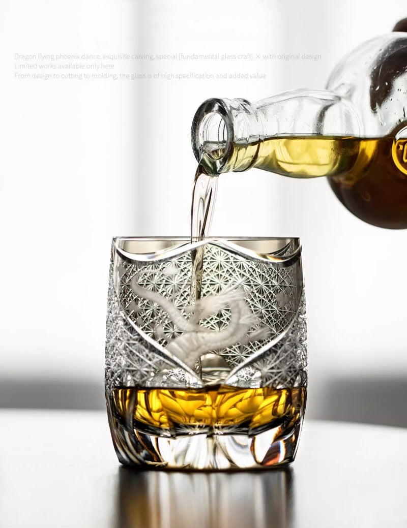 Chinese Style Loong Edo Kiriko Whiskey Glass Hand Engraved Dragon Amber Crystal Brandy XO Rock Wine Snifter Whisky Cup Gift Box GuerraHome