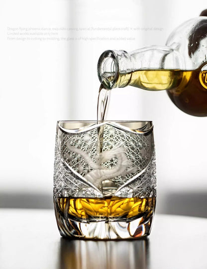 Chinese Style Loong Edo Kiriko Whiskey Glass Hand Engraved Dragon Amber Crystal Brandy XO Rock Wine Snifter Whisky Cup Gift Box GuerraHome