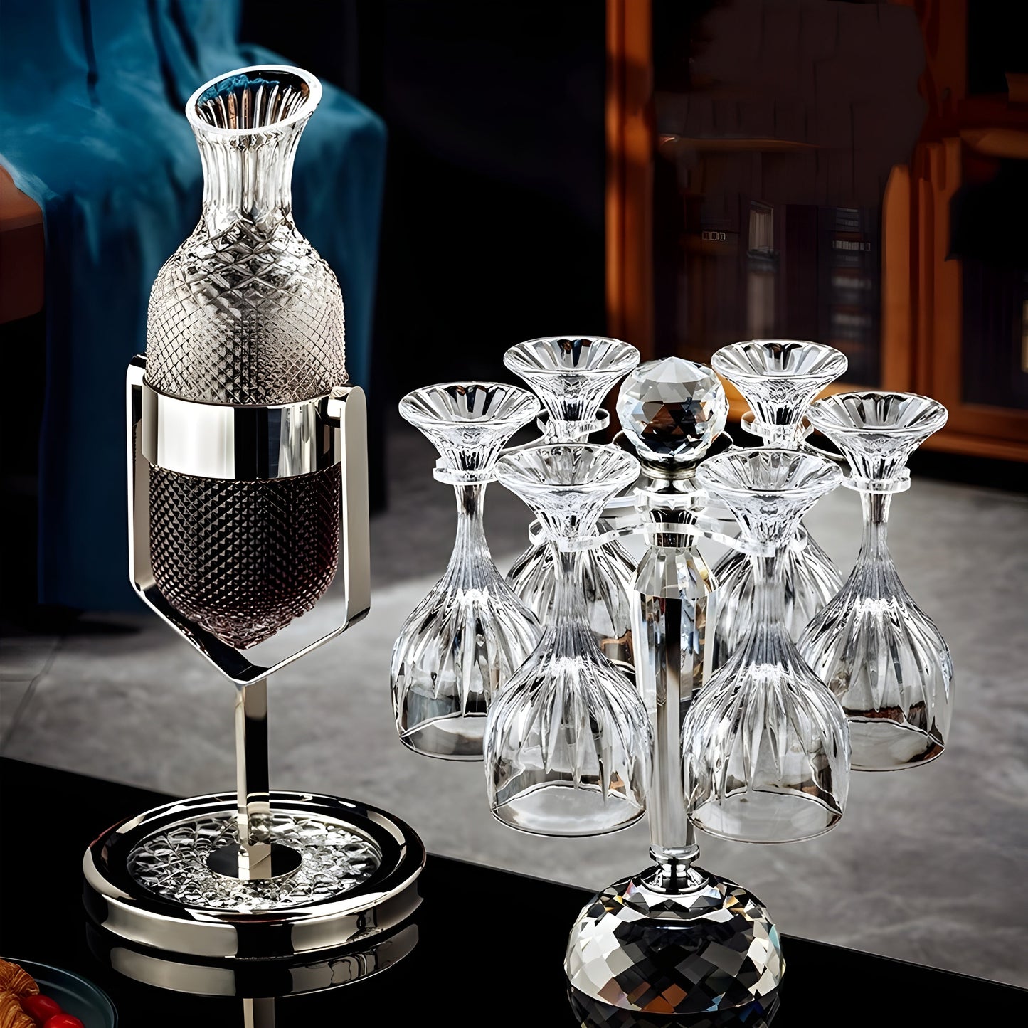 Set Decanter con Calici – “Pendolo Argento” – Design Moderno in Cristallo< GuerraHome