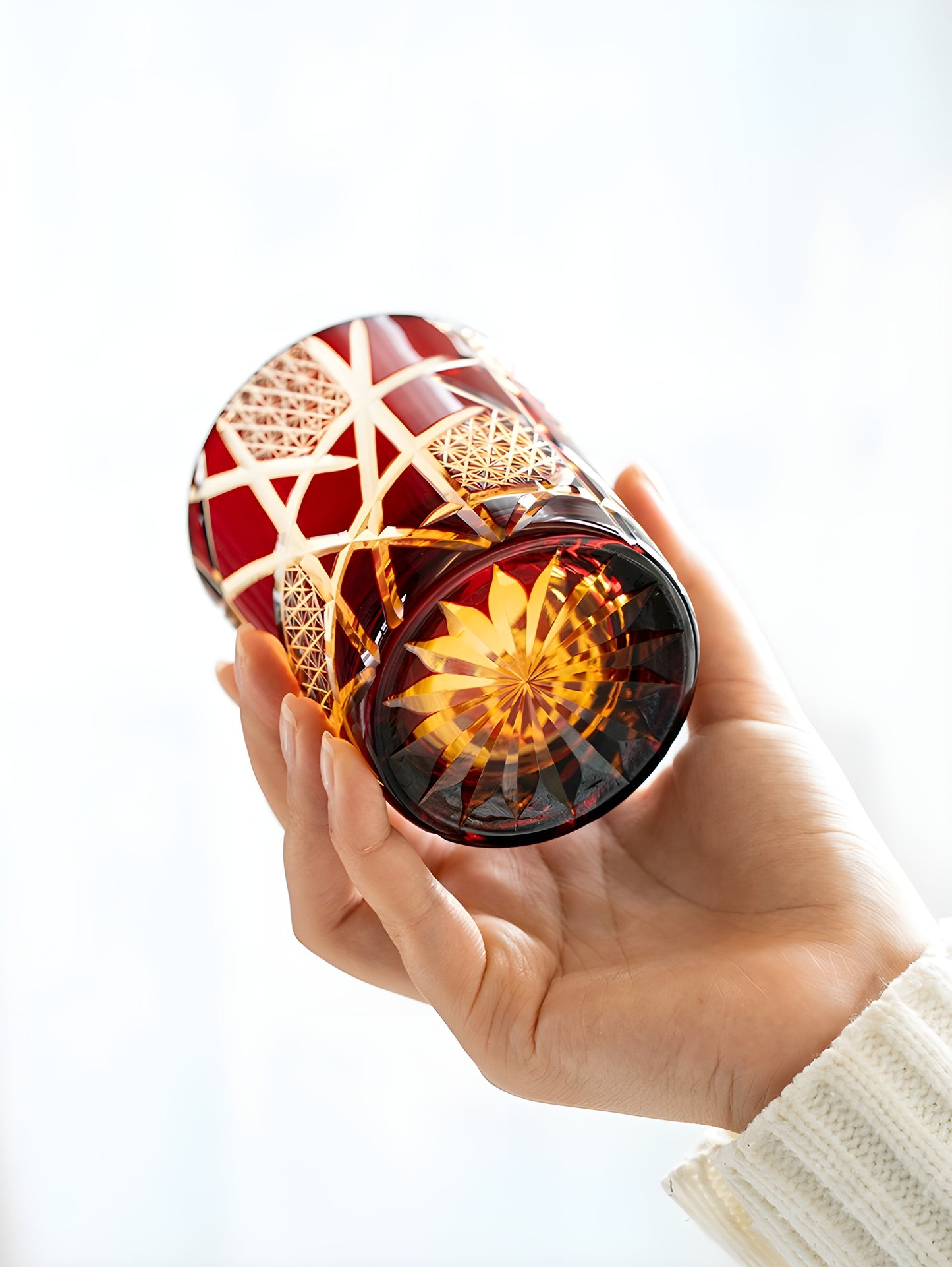 Japanese Royal Special Retro Wine Tumbler, Hand Cut, Flashing Lightning Design, Amber Whiskey Glass, High End Gift Box, Edo Kiri GuerraHome