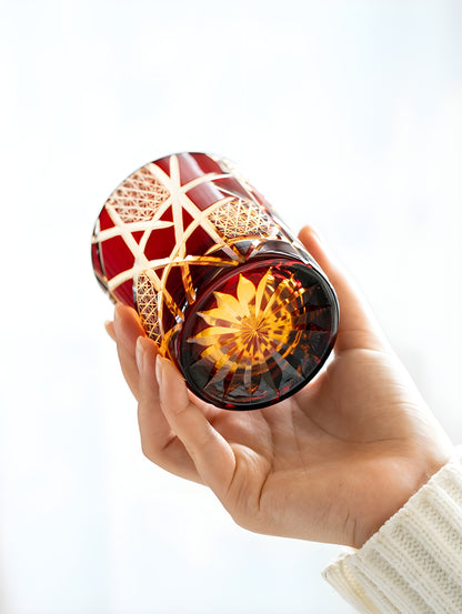 Japanese Royal Special Retro Wine Tumbler, Hand Cut, Flashing Lightning Design, Amber Whiskey Glass, High End Gift Box, Edo Kiri GuerraHome