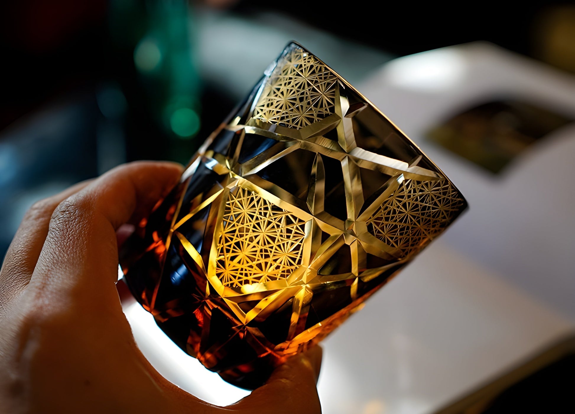 Japanese Royal Special Retro Wine Tumbler, Hand Cut, Flashing Lightning Design, Amber Whiskey Glass, High End Gift Box, Edo Kiri GuerraHome