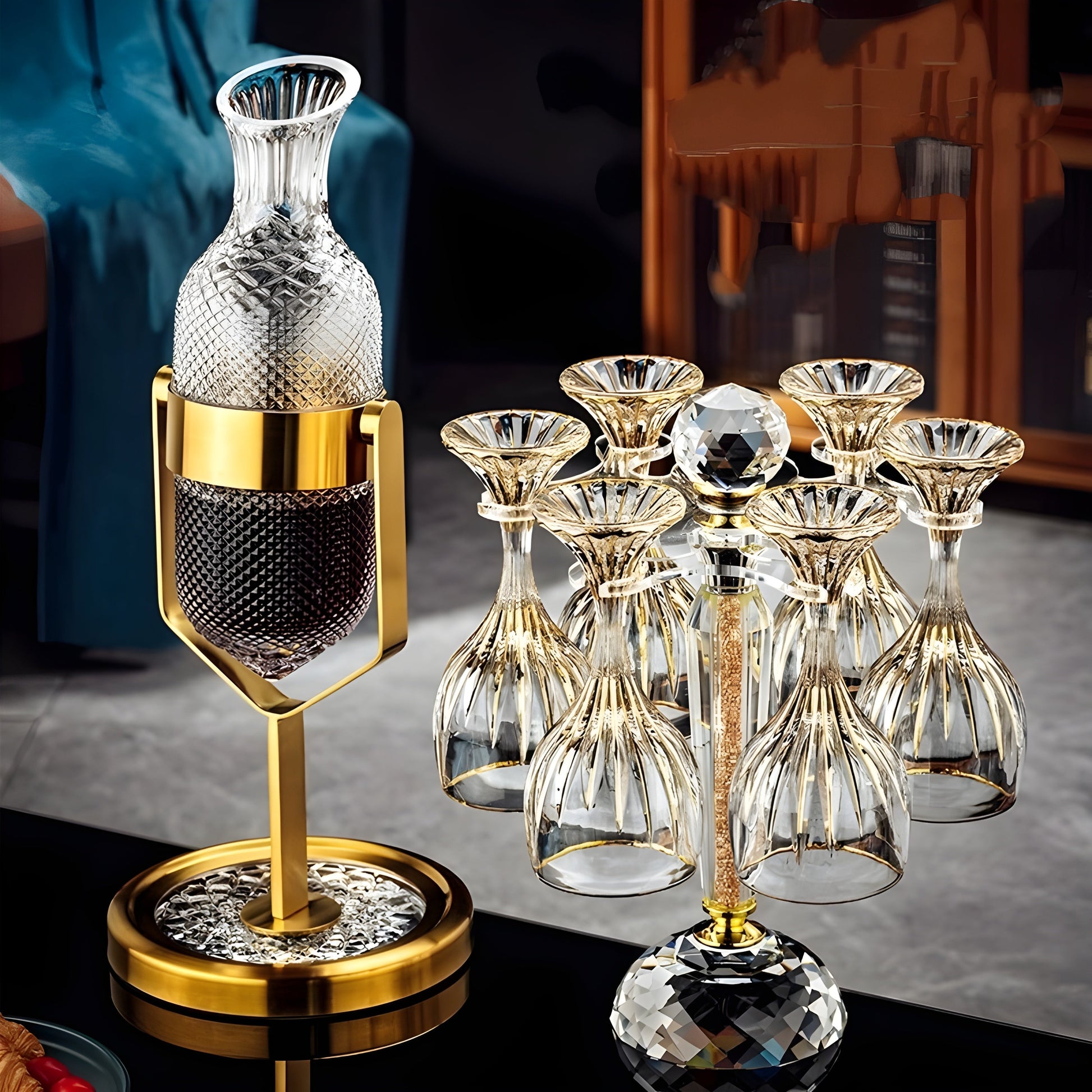 Set Decanter con Calici – “Pendolo Oro” – Design Moderno GuerraHome