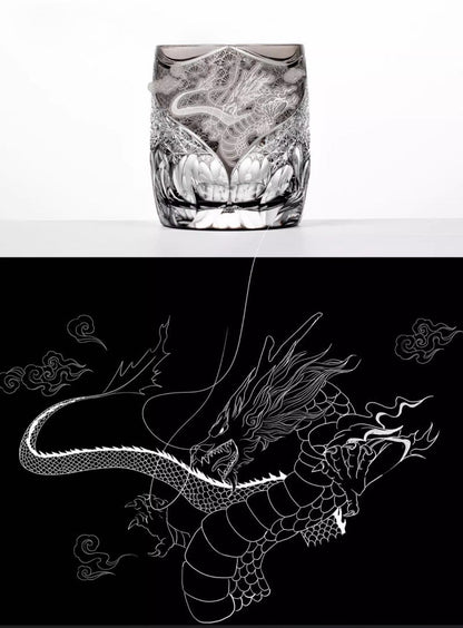 Chinese Style Loong Edo Kiriko Whiskey Glass Hand Engraved Dragon Amber Crystal Brandy XO Rock Wine Snifter Whisky Cup Gift Box GuerraHome