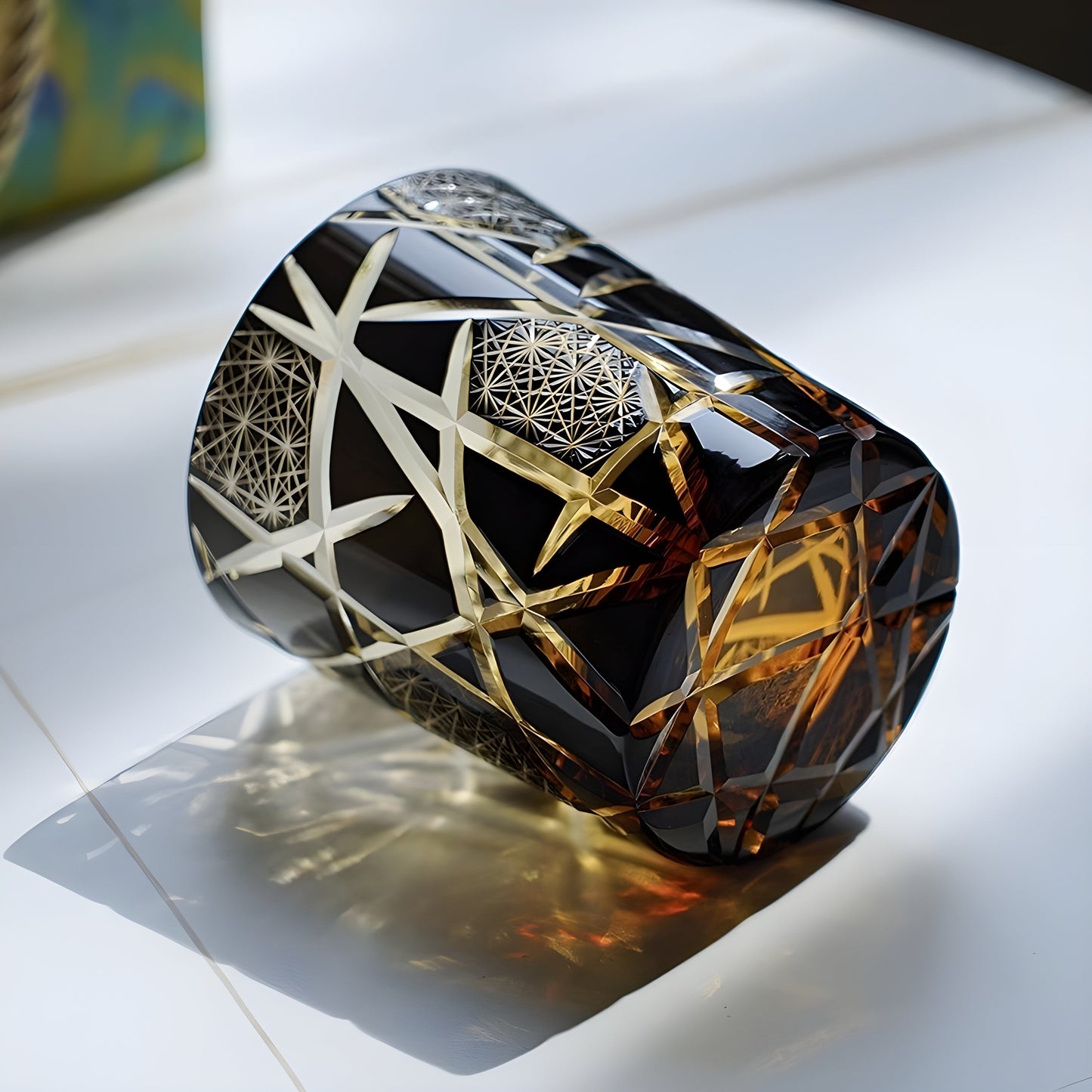 Japanese Royal Special Retro Wine Tumbler, Hand Cut, Flashing Lightning Design, Amber Whiskey Glass, High End Gift Box, Edo Kiri GuerraHome