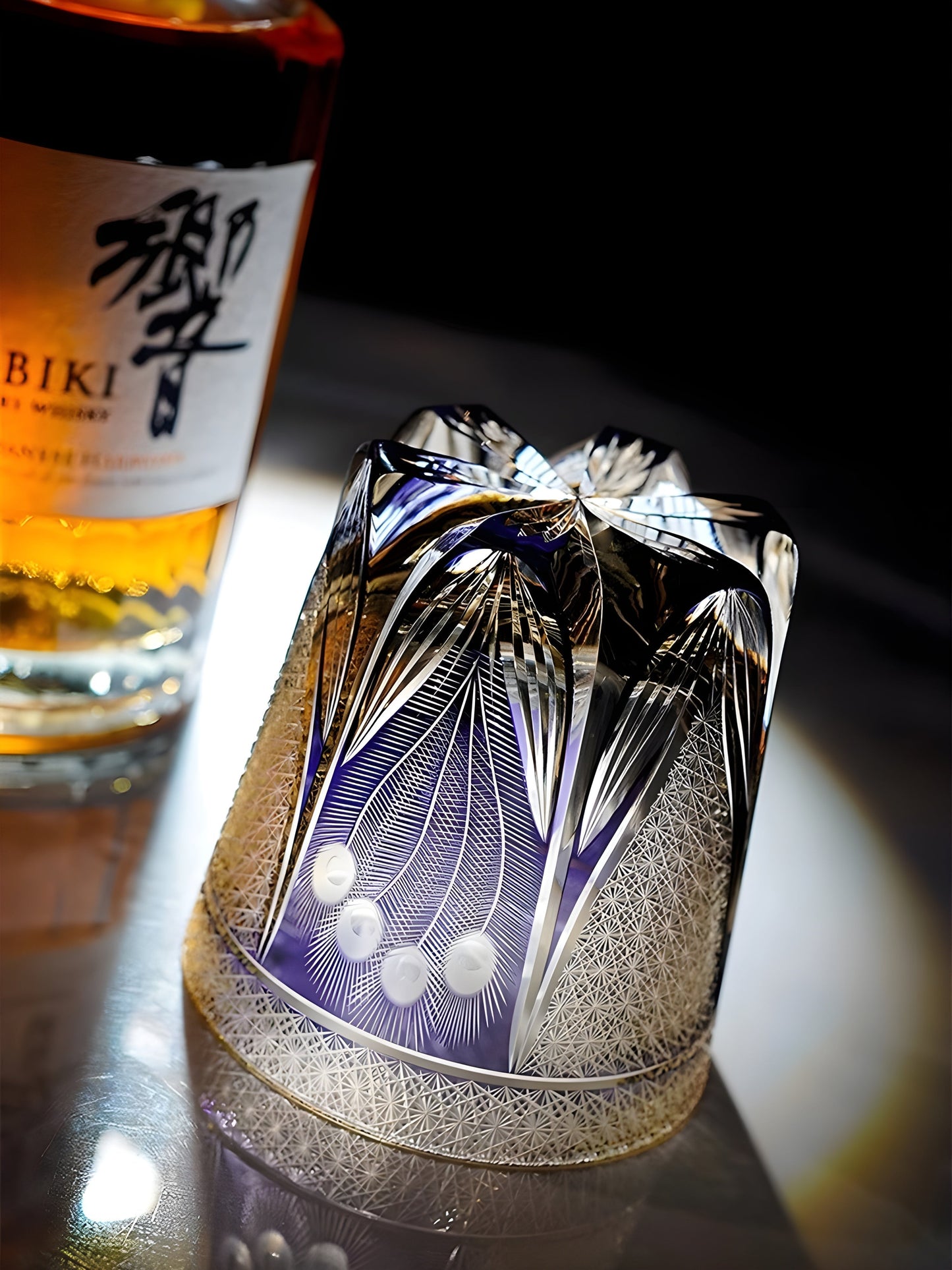 Bicchiere Edo Kiriko – ‘Pavone Viola’ – Scatola in legno GuerraHome