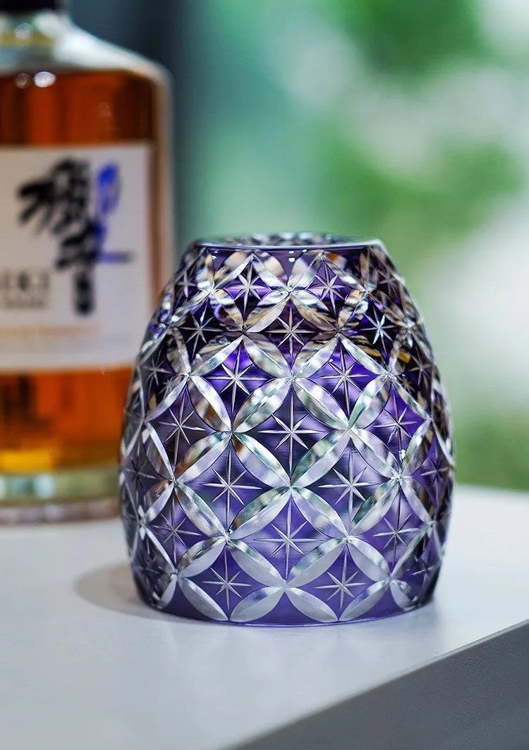 Bicchiere Edo Kiriko – 'Shippo' Viola- con Scatola in Legno GuerraHome