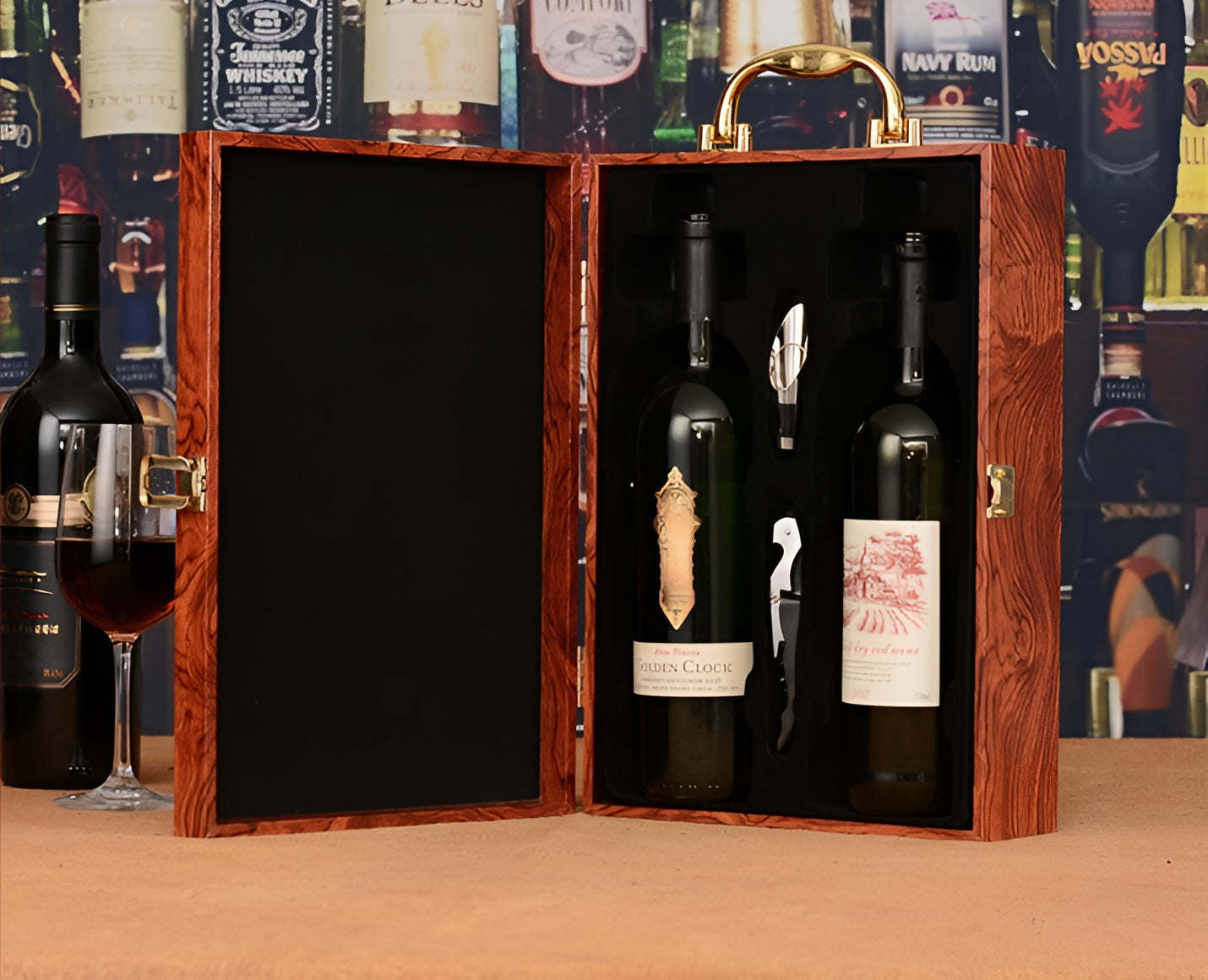 Cofanetto in Legno Laccato per 2 Bottiglie di Vino con Accessori – Ebony, Red Pear o Rosewood GuerraHome